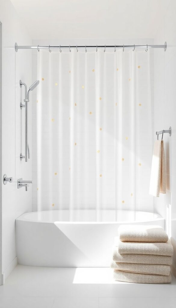 A modern bathroom with a metallic gold-accented shower curtain in natural light, styled with chrome fixtures and plush towels for a glamorous yet balanced look.