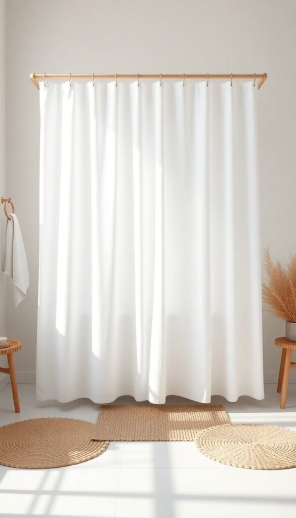 A plain white shower curtain in a bright bathroom with wooden hooks and natural rugs, representing a customizable DIY project for personal expression.