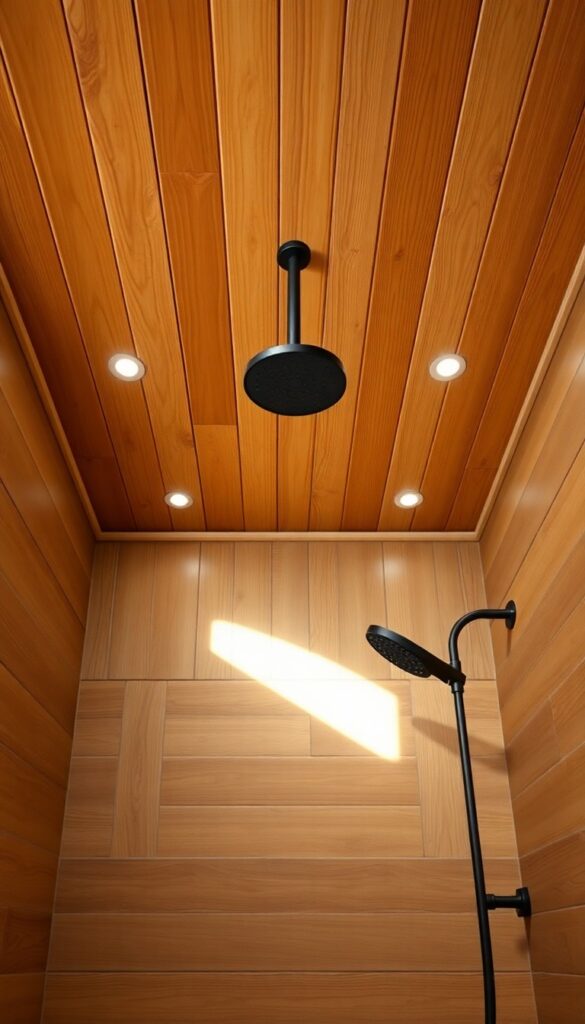 A cozy shower with a warm wood plank ceiling in natural light, featuring rustic texture and matte black fixtures for a spa-like bathroom retreat.