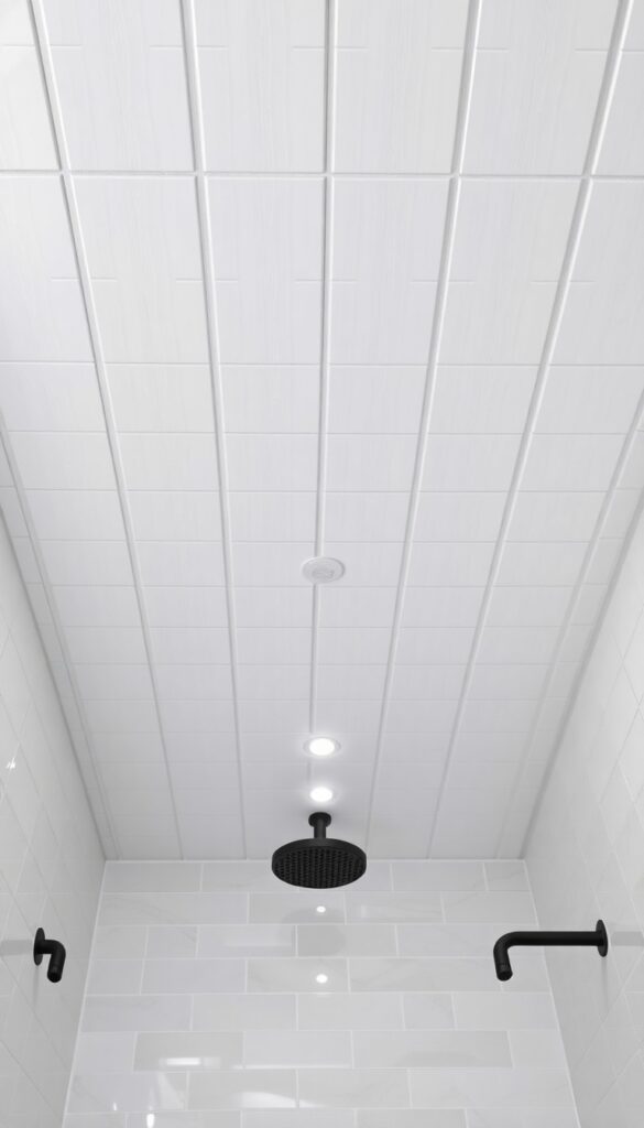 Modern bathroom shower ceiling with geometric tile patterns in natural light