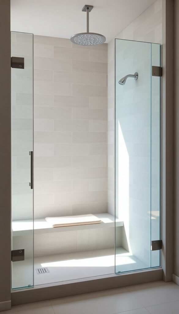A modern shower with a built-in stone bench and neutral cushion under a rainfall showerhead, showcasing comfort and convenience in bathroom design