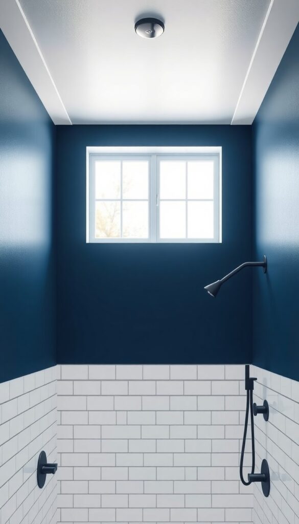 A shower with a bold navy blue painted ceiling, white subway tiles, and matte black hardware in bright natural light.