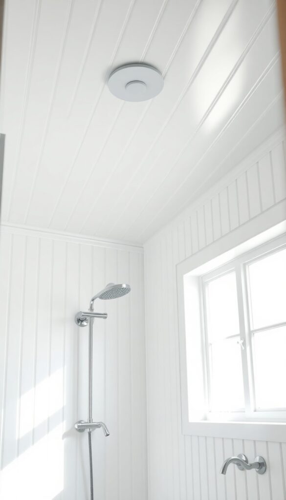 Close-up view of a beadboard shower ceiling in a cottage-style bathroom with natural light highlighting the textured panels for an airy and inviting feel.