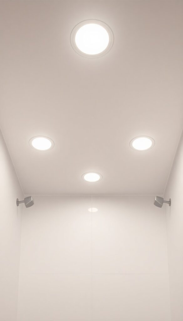 A modern shower ceiling with recessed lighting creating a soft ambient glow in a clean, minimalist bathroom design.