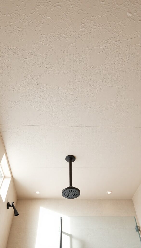 Close-up view of a textured plaster shower ceiling in natural light, showing artistic depth and elegant finish with simple fixtures in a neutral bathroom setting.