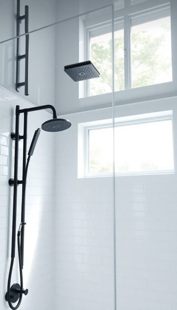 A shower with a mirrored ceiling reflecting light to make the space feel larger and brighter.