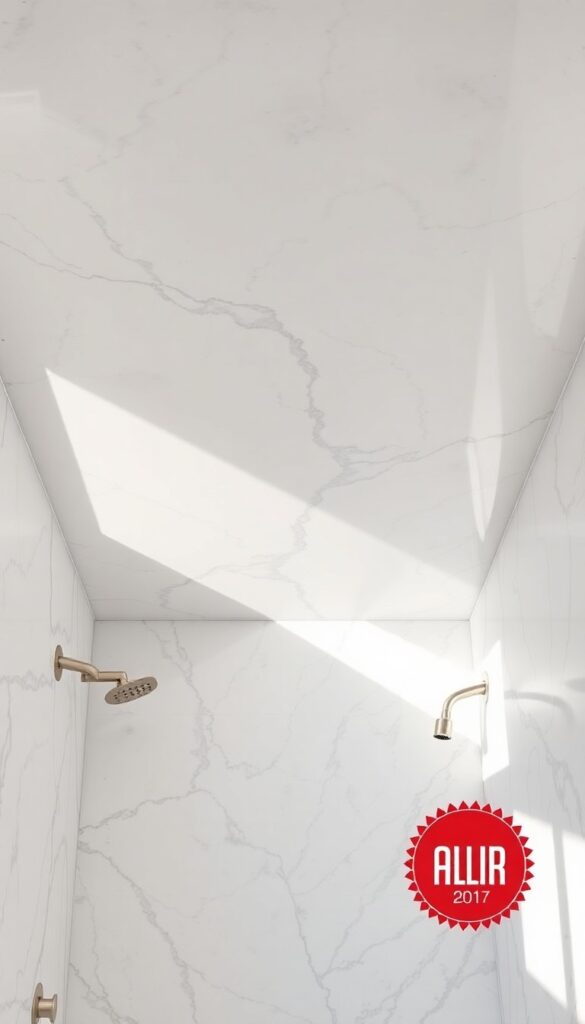 A shower ceiling with smooth marble tiles in bright natural light, showcasing elegant durability and a polished look in a modern bathroom.