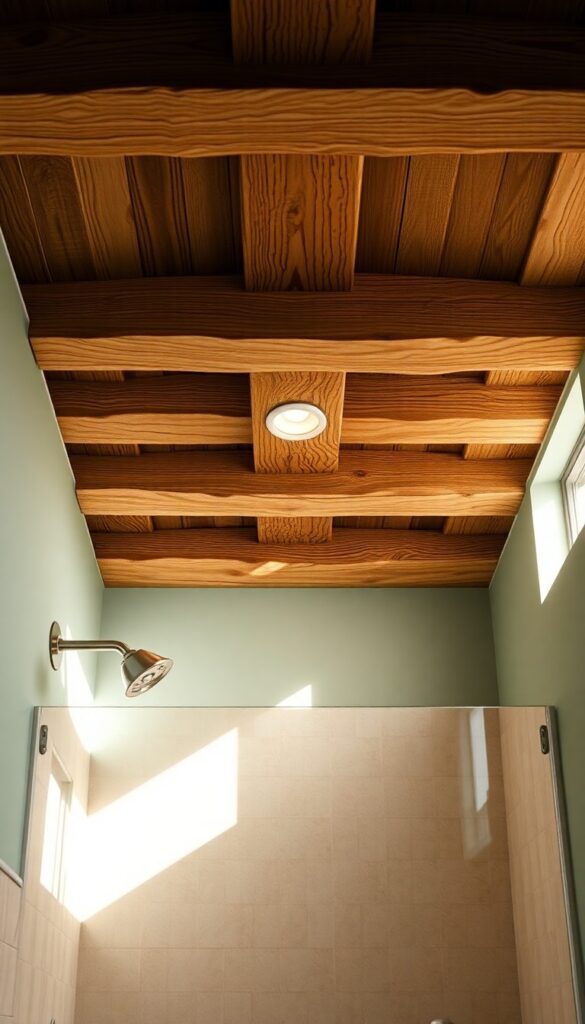 A rustic shower ceiling with faux wood beams in natural light, featuring sage green walls and ambient lighting for a cozy, cabin-inspired bathroom.