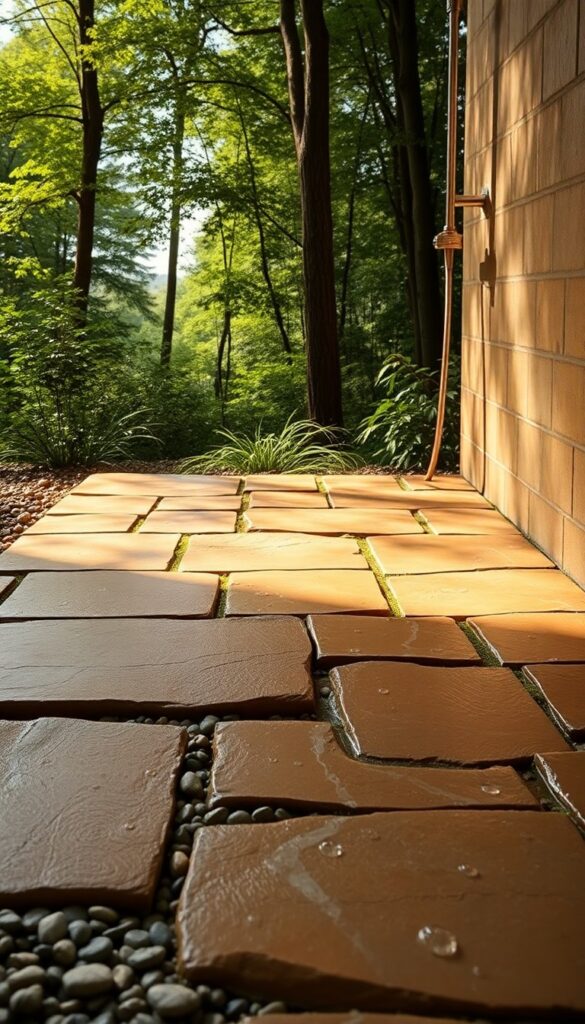Outdoor shower floor with natural stone slabs in a rustic garden setting, showing textured surface with gravel and moss gaps under bright natural light.