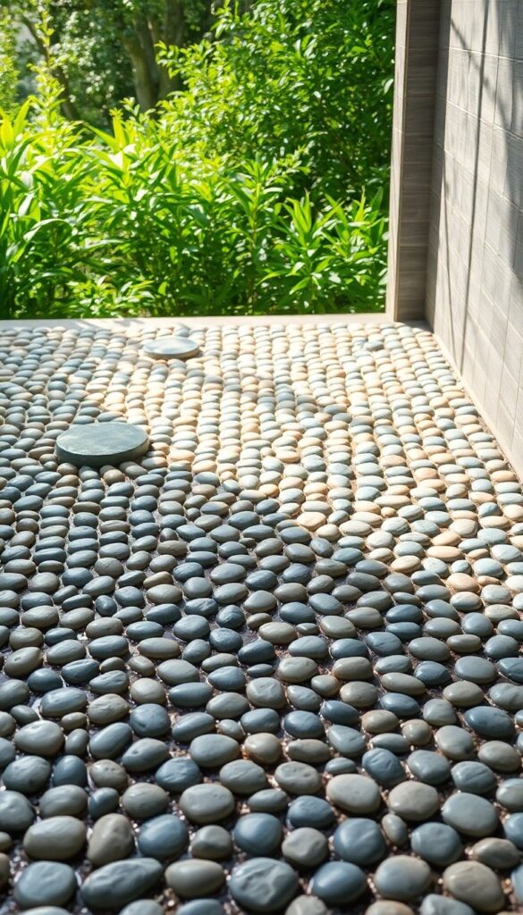 Outdoor shower floor with pebble mosaic tiles in neutral tones, wet and glistening under natural light, set in a garden for a spa-like feel.