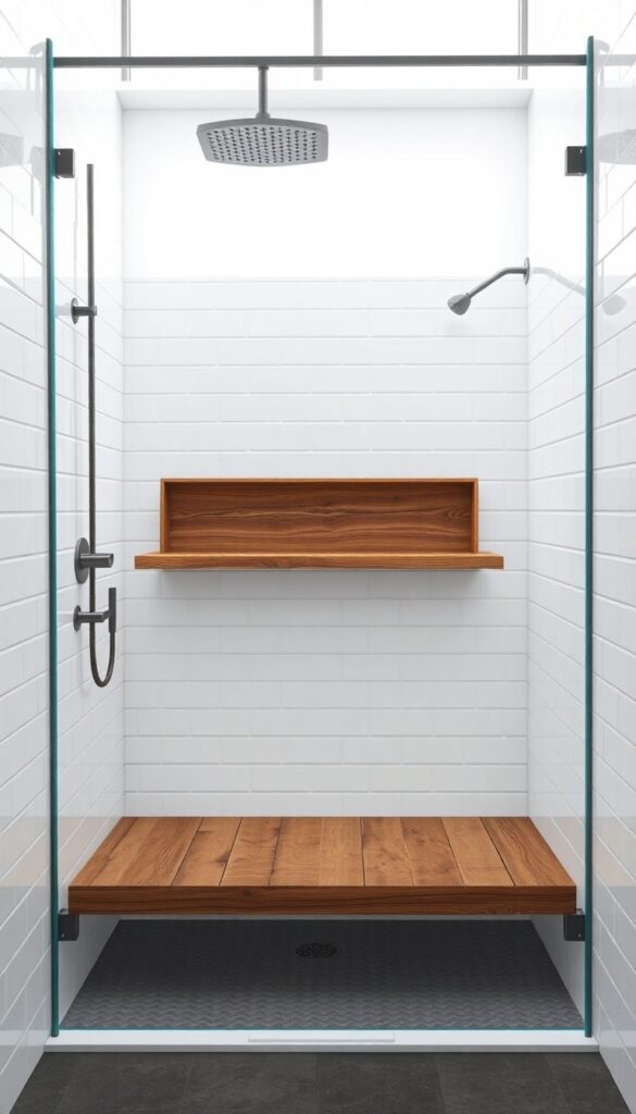 A sleek shower enclosure with mixed materials, including wood and tile for visual contrast in a bright, well-planned bathroom.