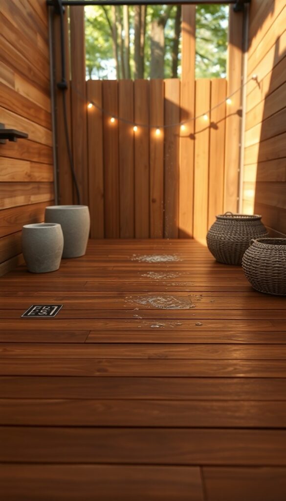Outdoor shower floor with teak wood decking in a natural setting, highlighting warmth and comfort for home decor inspiration.