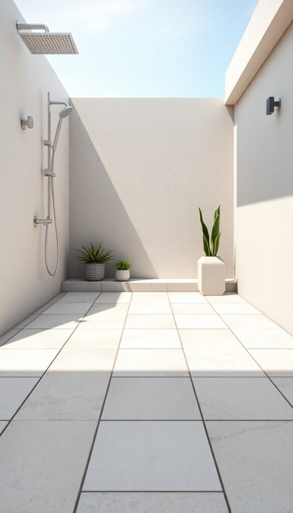 Outdoor shower floor with geometric concrete pavers in neutral tones for a modern, clean look