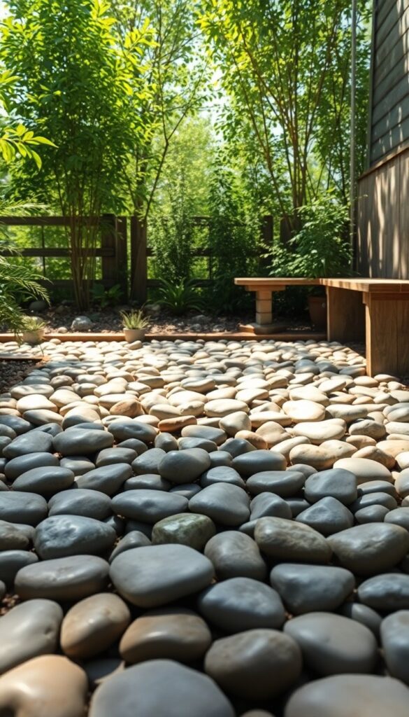 Outdoor shower floor made of a river rock bed with smooth stones for drainage and texture, set in a garden with natural light and wooden accents