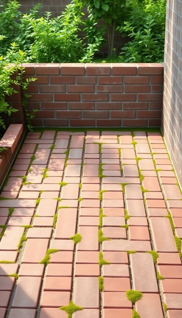 Outdoor shower floor featuring a classic brick pattern in herringbone or running bond with warm red or muted gray bricks and moss-filled joints, surrounded by greenery in natural light.