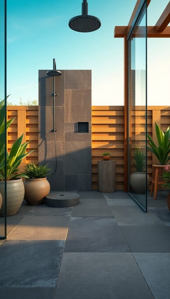 Outdoor shower floor with sleek slate tiles in varied colors, demonstrating water resistance and slip-resistance in a natural setting with plants and wood accents.