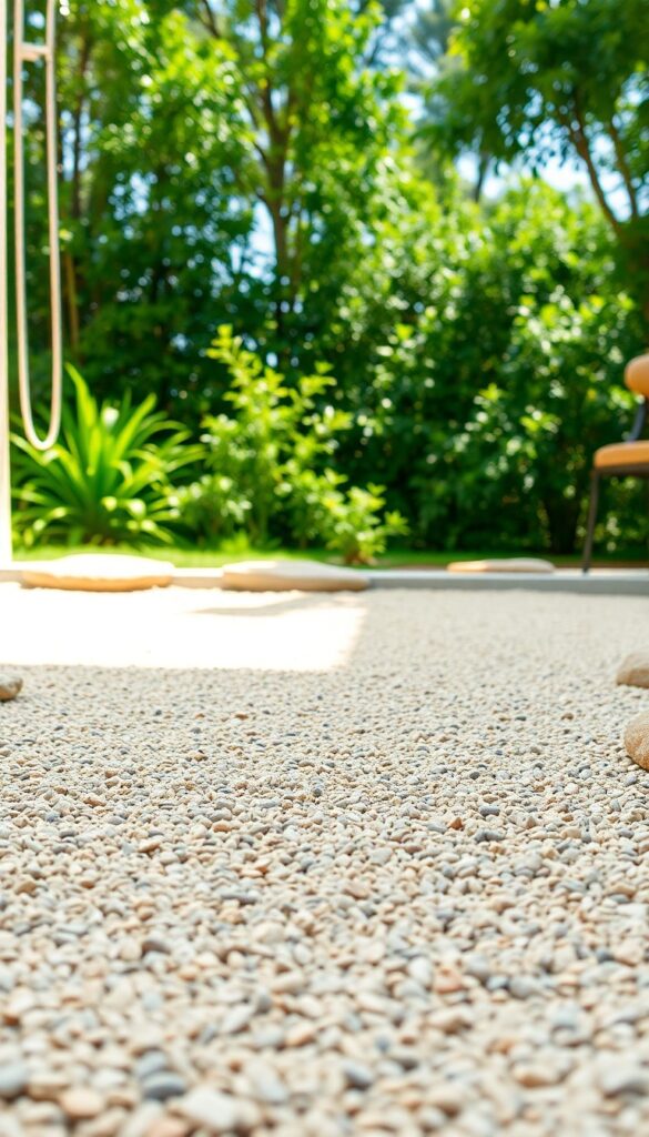 Outdoor shower floor with gravel and sand mix for a low-cost, permeable option in a backyard setting.