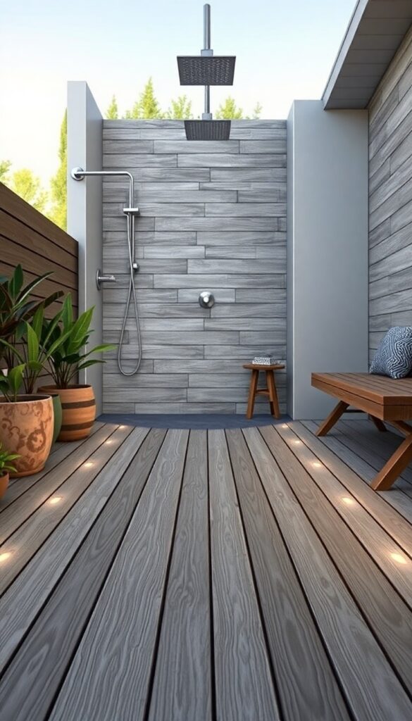Outdoor shower floor made of composite decking in neutral tones with textured surface for safety, surrounded by potted plants and sleek fixtures in natural light.