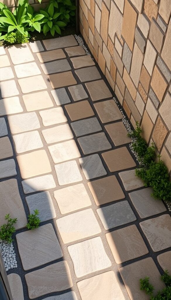 Outdoor shower floor with irregular flagstone pieces in natural tones, featuring gravel-filled gaps and creeping thyme plants, set in a rustic garden environment.