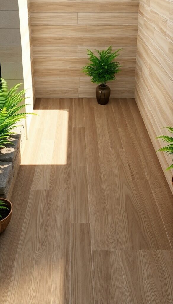 Outdoor shower floor with porcelain tiles that look like wood grain, featuring warm oak tones and natural stone accents in bright sunlight.