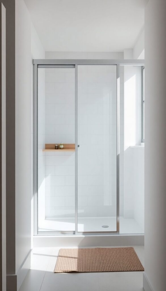 Corner shower with sliding doors in a small bathroom, maximizing space with light-colored tiles and natural light for an open feel.