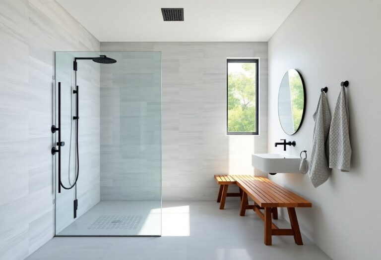 Modern walk-in curbless shower with light gray tiles, matte black fixtures, and a linear drain in a sleek bathroom setting.