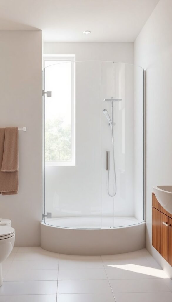 Curved frameless glass shower enclosure in a bright, natural-lit bathroom with minimalist fixtures and warm decor, showcasing a soft and inviting design for home inspiration.