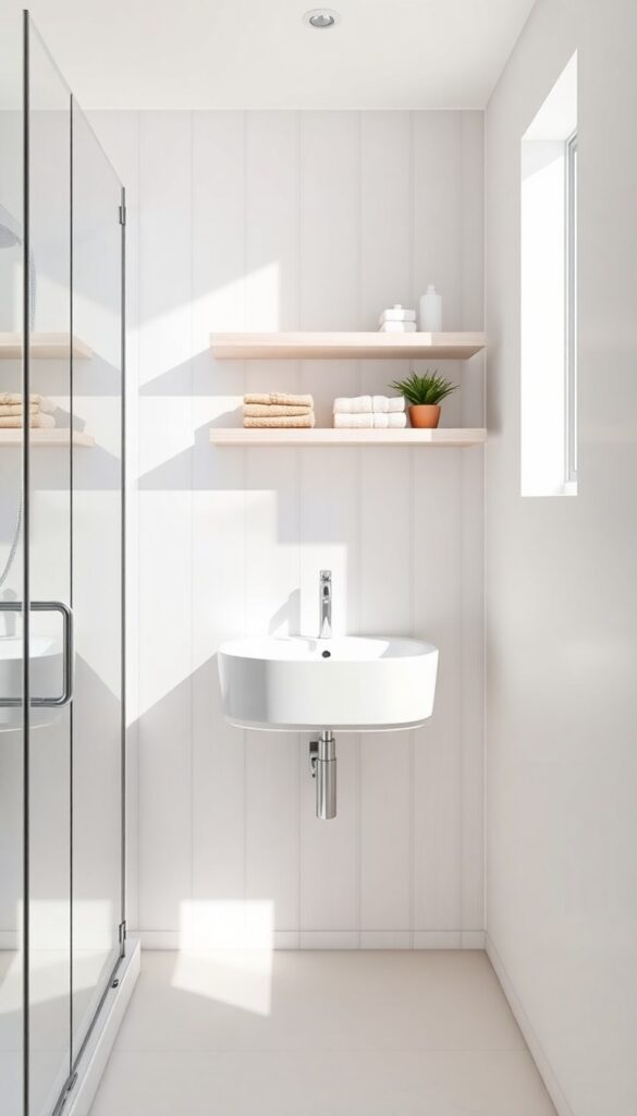 A small shower room with a wall-mounted vanity and floating shelves, showcasing a minimalist design that maximizes space and brightness.