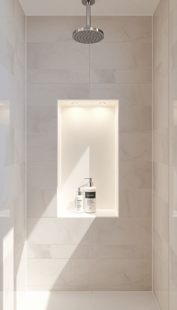 A small shower room with a recessed niche in the tiled wall for storing toiletries, featuring bright natural light and a clean, organized appearance.