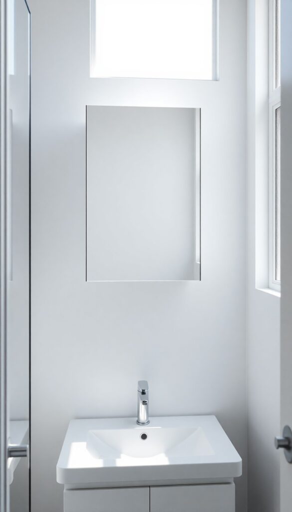 A mirrored cabinet above a sink in a small shower room, reflecting light to enhance brightness and space, with a clean and organized look.