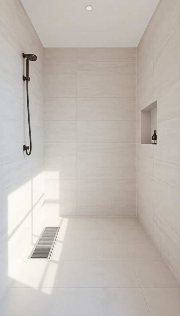 A small shower room featuring a linear drain and large-format tiles in soft gray or beige for a clean, spacious look.