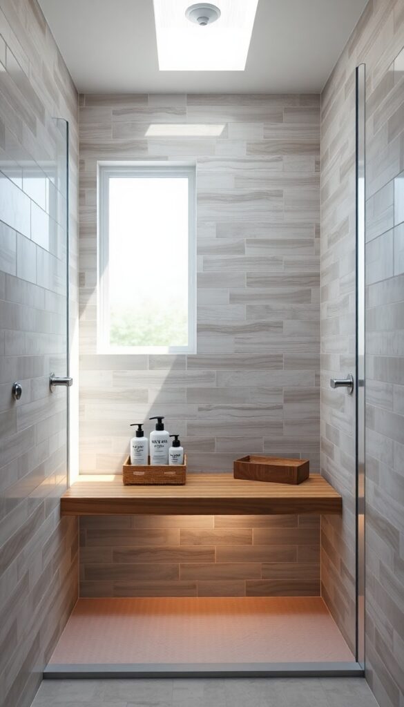 A small shower room with a built-in bench for seating and storage, featuring natural light and clean design.