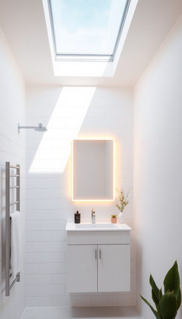 Small shower room with overhead skylight and LED strip lighting around mirror, bright and inviting home decor inspiration