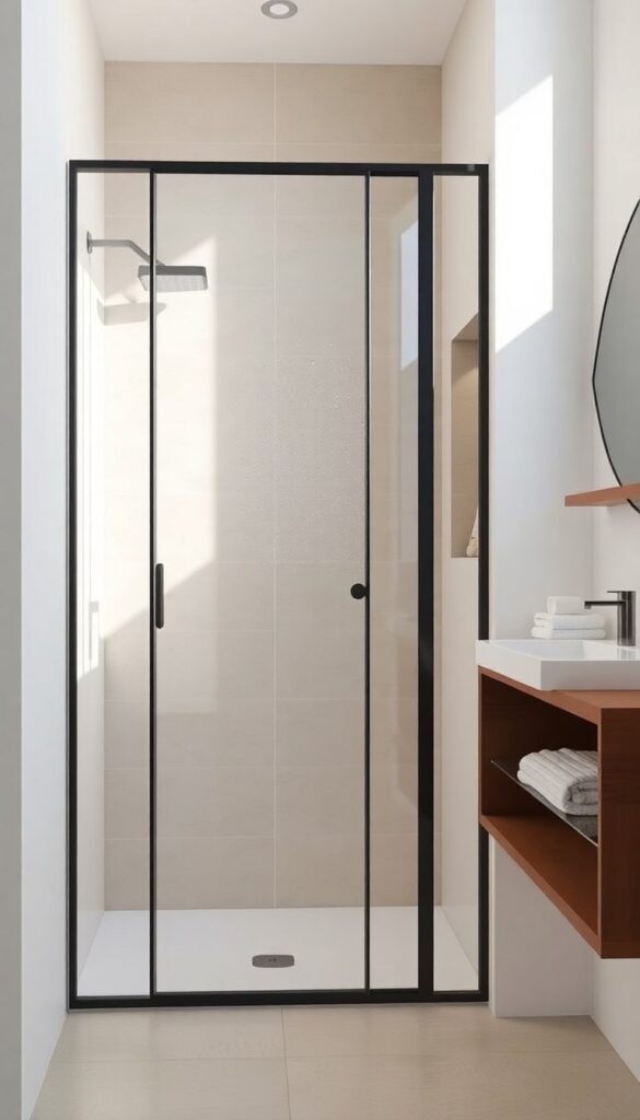 A small shower room featuring a glass half-wall divider with a black metal frame, set against neutral tiles in bright natural light, showcasing an open and airy modern design that defines the shower zone while allowing light to flow freely.