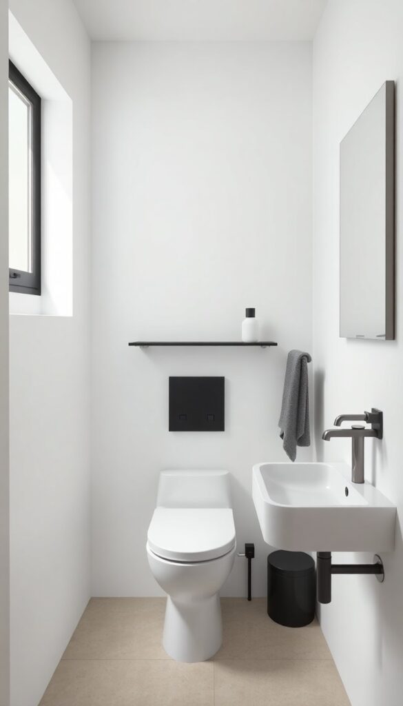 A small shower room with compact fixtures in clean lines, including a sleek sink and toilet with matching finishes, floating shelf storage, and a frameless mirror, designed to feel open and organized in bright natural light.