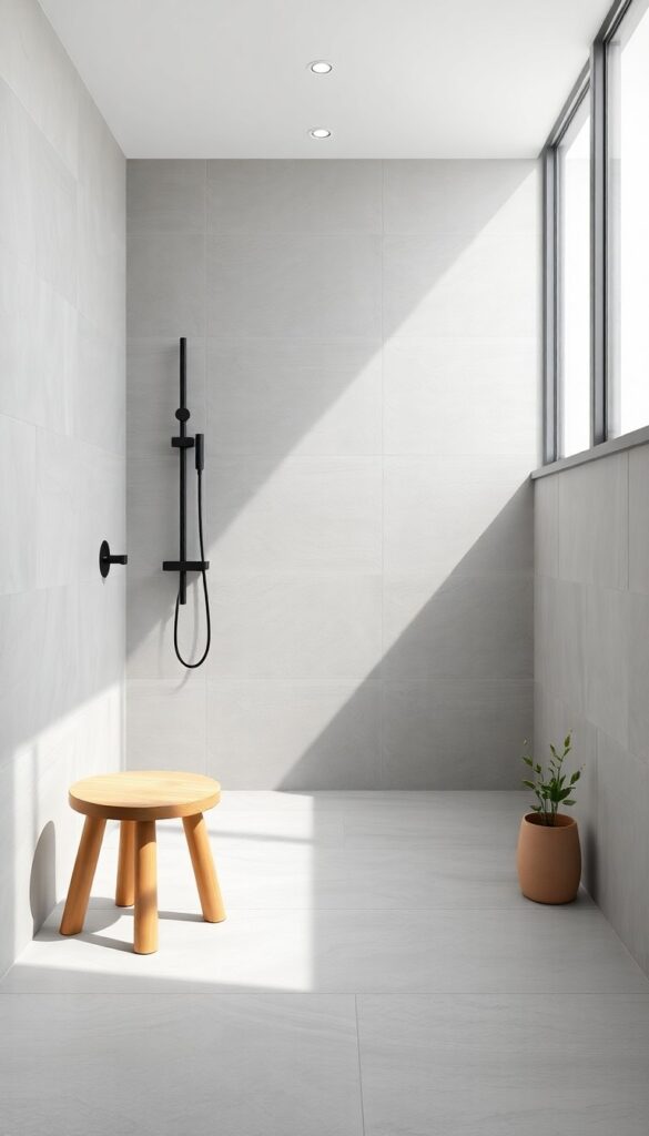 Minimalist standing shower bathroom with large-format neutral tiles, matte black fixtures, wooden stool, and plants for a clean, serene look.
