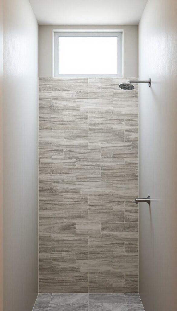 A small shower room with a textured accent wall adding depth and visual interest in bright natural light.