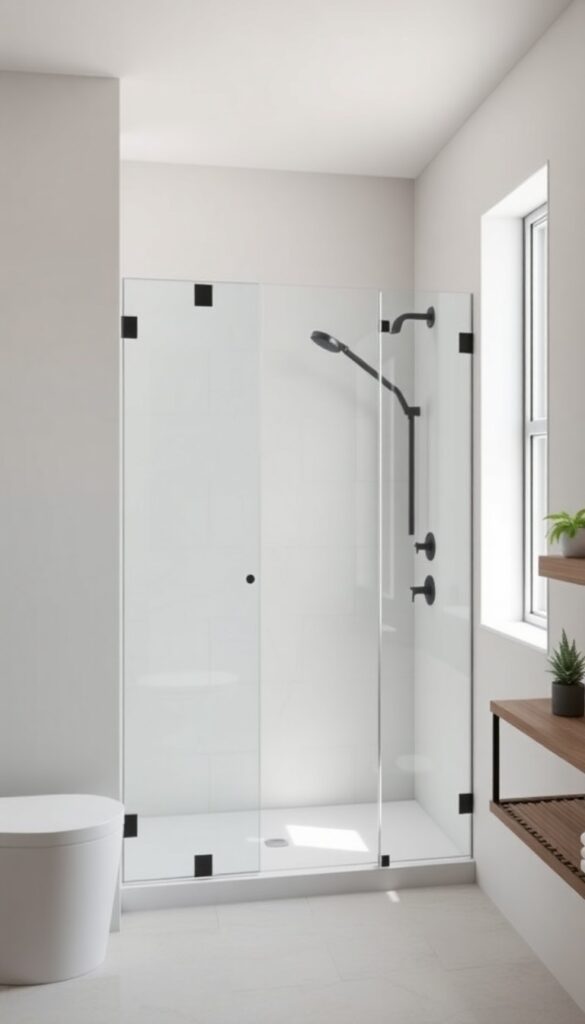 A modern bathroom with a frameless glass panel shower in bright natural light, showcasing neutral tiles and matte black fixtures for an open and clean aesthetic