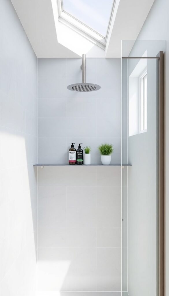 A floating shelf in a standup shower holding toiletries and a plant, creating a tidy and open storage solution with modern style.