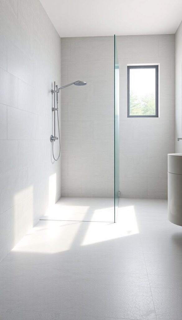 A spacious standup shower with large-format gray tiles and minimal grout lines in bright natural light.