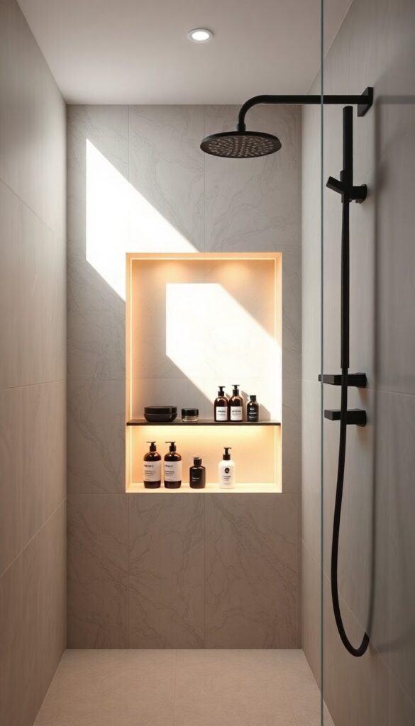 A modern shower with a recessed niche and built-in lighting, highlighting products in warm glow for a clean, open look.