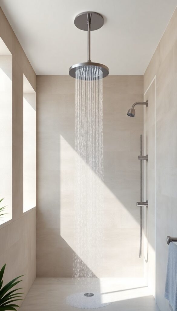 A modern bathroom featuring a ceiling-mounted rainfall showerhead in a clean, open shower area with neutral tiles and natural accents.