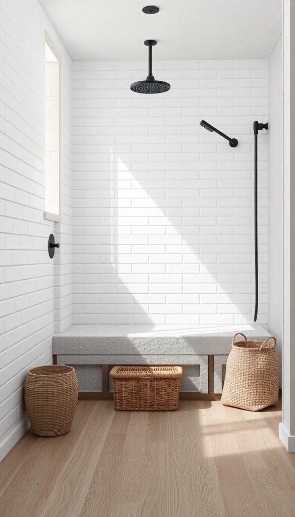 A bright and open standup shower with neutral colors, showcasing white tiles, a textured stone bench, wood-look flooring, and matte fixtures to enhance a clean yet cozy feel.