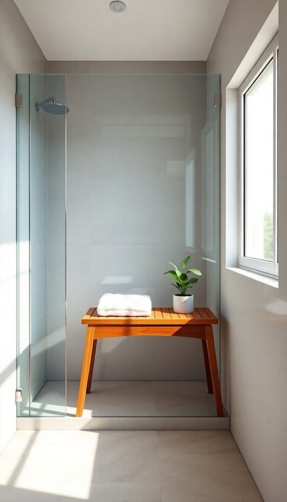A cozy teak bench inside a bright, clean standup shower, adding seating and style with a towel and plant for a spa-like feel.