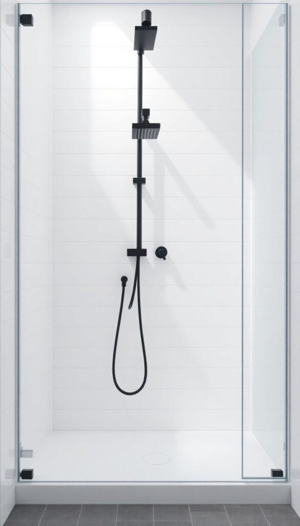 Modern standup shower featuring a wall-mounted matte black faucet with matching fixtures, showcasing a clean and open bathroom design for home decor inspiration.