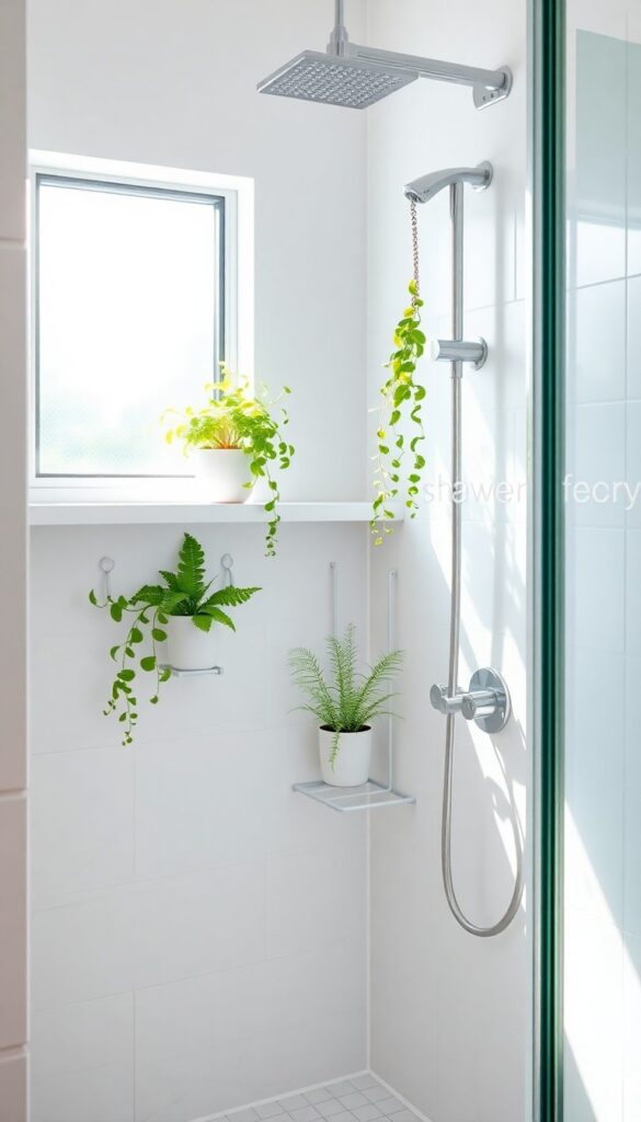 A standup shower with plants on a shelf and hanging from hooks in ceramic pots under natural light