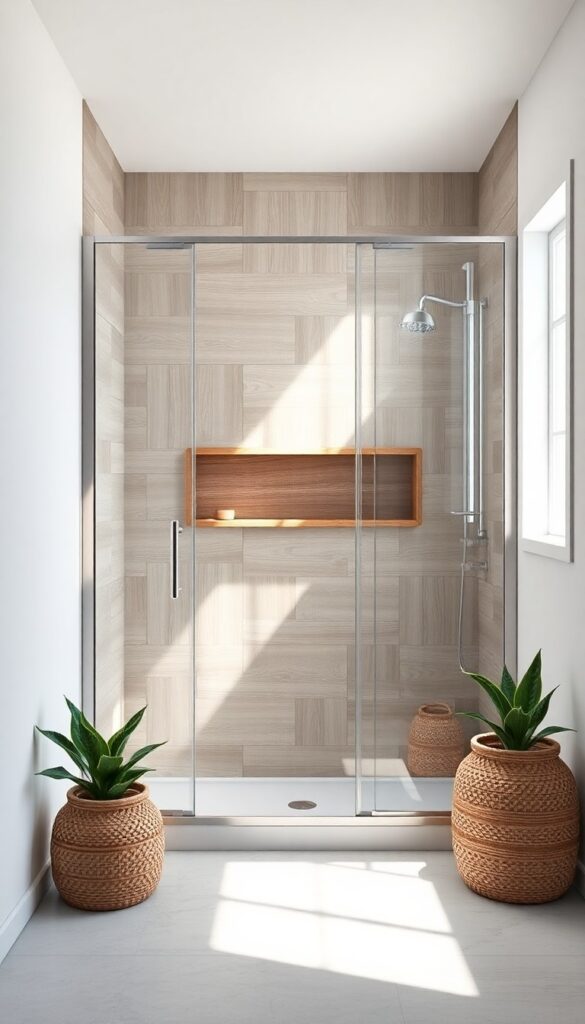 A clean, modern standing shower bathroom with wood-look accents, natural light, neutral colors, and plants for a cozy, uncomplicated feel.