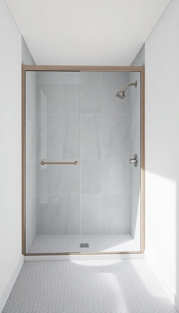 A modern standup shower with a frameless glass sliding door to save floor space in a bright, clean bathroom.