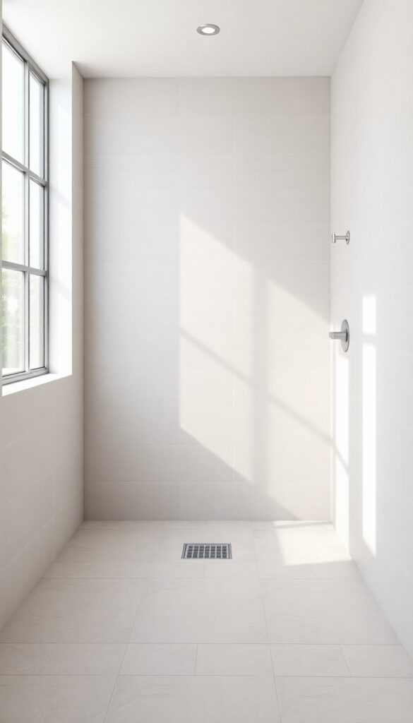 Minimalist standup shower with linear drain and large-format tiles in neutral tones, showcasing clean lines and open space for modern bathroom design.