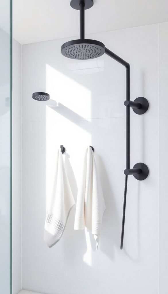 Modern standup shower with towel hooks for a clean and open bathroom design